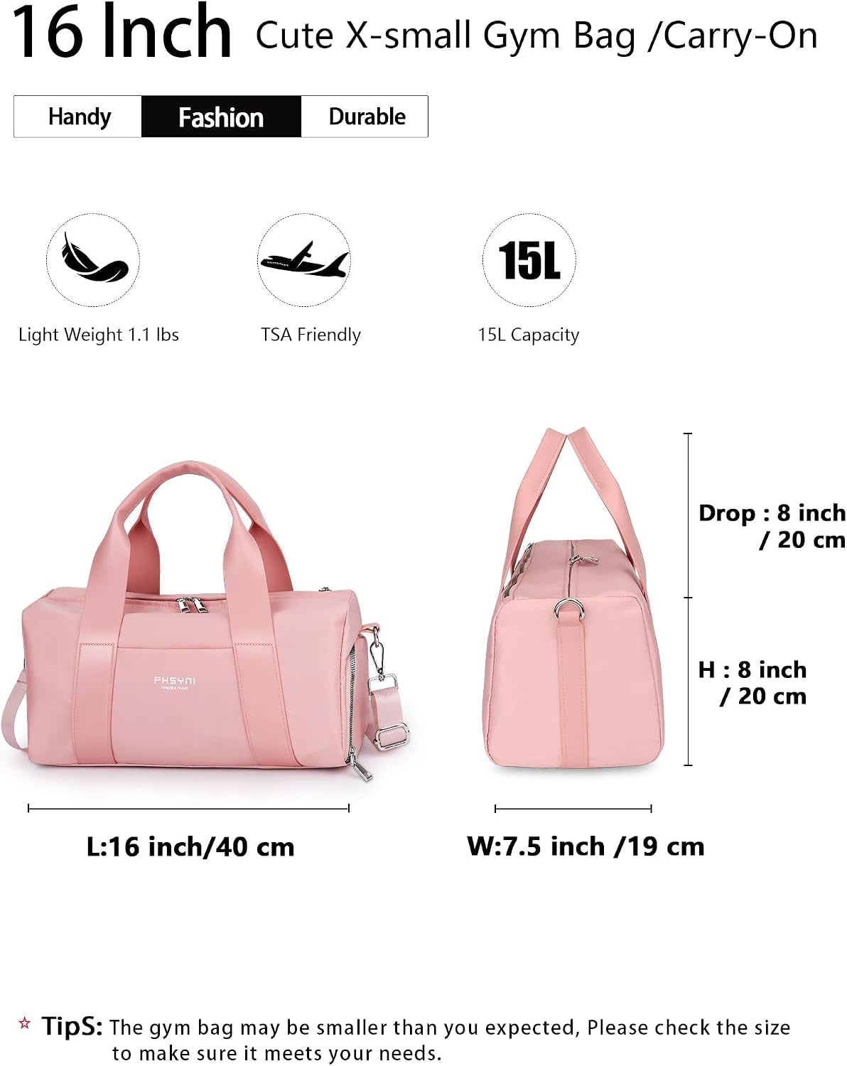 16" Gym Bag for Women,With Shoes Compartment and Waterproof Pocket(Pink)