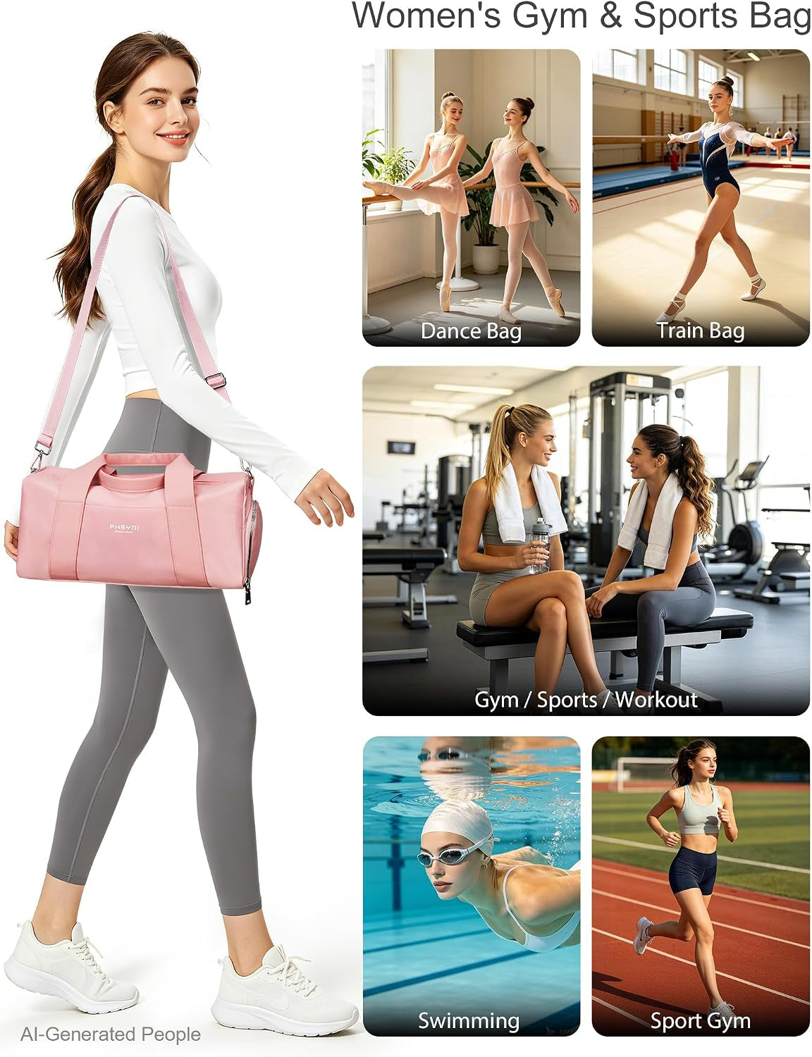 16" Gym Bag for Women,With Shoes Compartment and Waterproof Pocket(Pink)