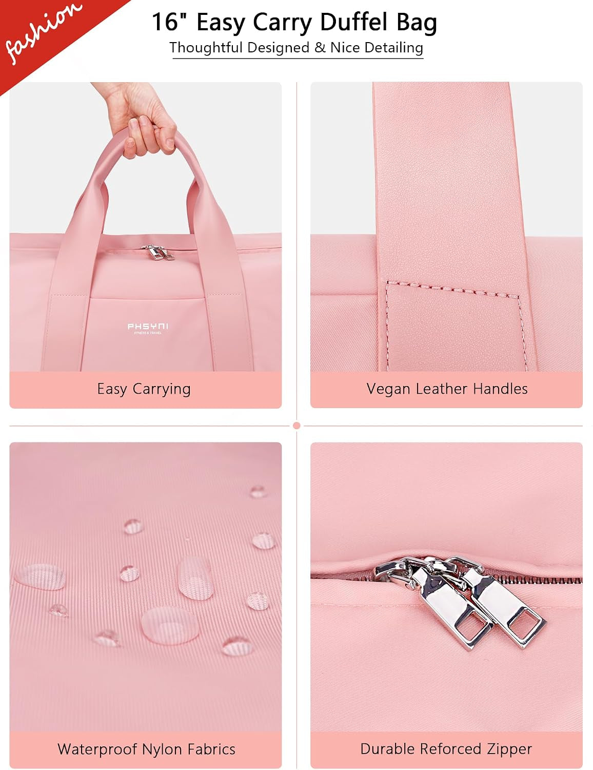 16" Gym Bag for Women,With Shoes Compartment and Waterproof Pocket(Pink)