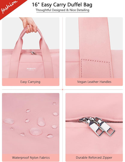 16" Gym Bag for Women,With Shoes Compartment and Waterproof Pocket(Pink)